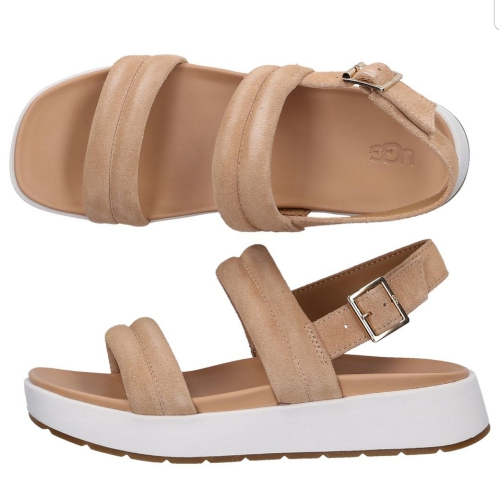 UGG Lynnden Suede Wedge Sandals Slingback Double Strap Heel Buckle Ankle Pink